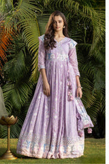 Lavender Embroidered And Sequin Gown With Potli Bag For Girls