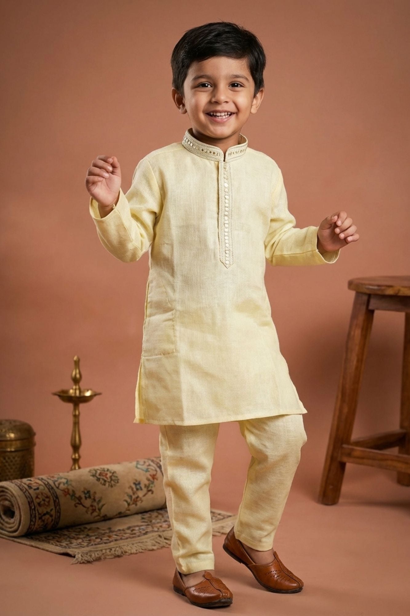 Yellow Embroidered Linen Kurta Set For Boys
