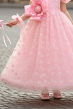 Blush Pink One-Shoulder Bow Embroidered Party Gown for Girls