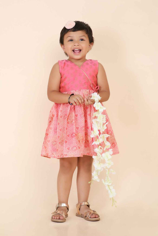 Pink Sleeveless Chanderi Silk Printed Frock For Girls