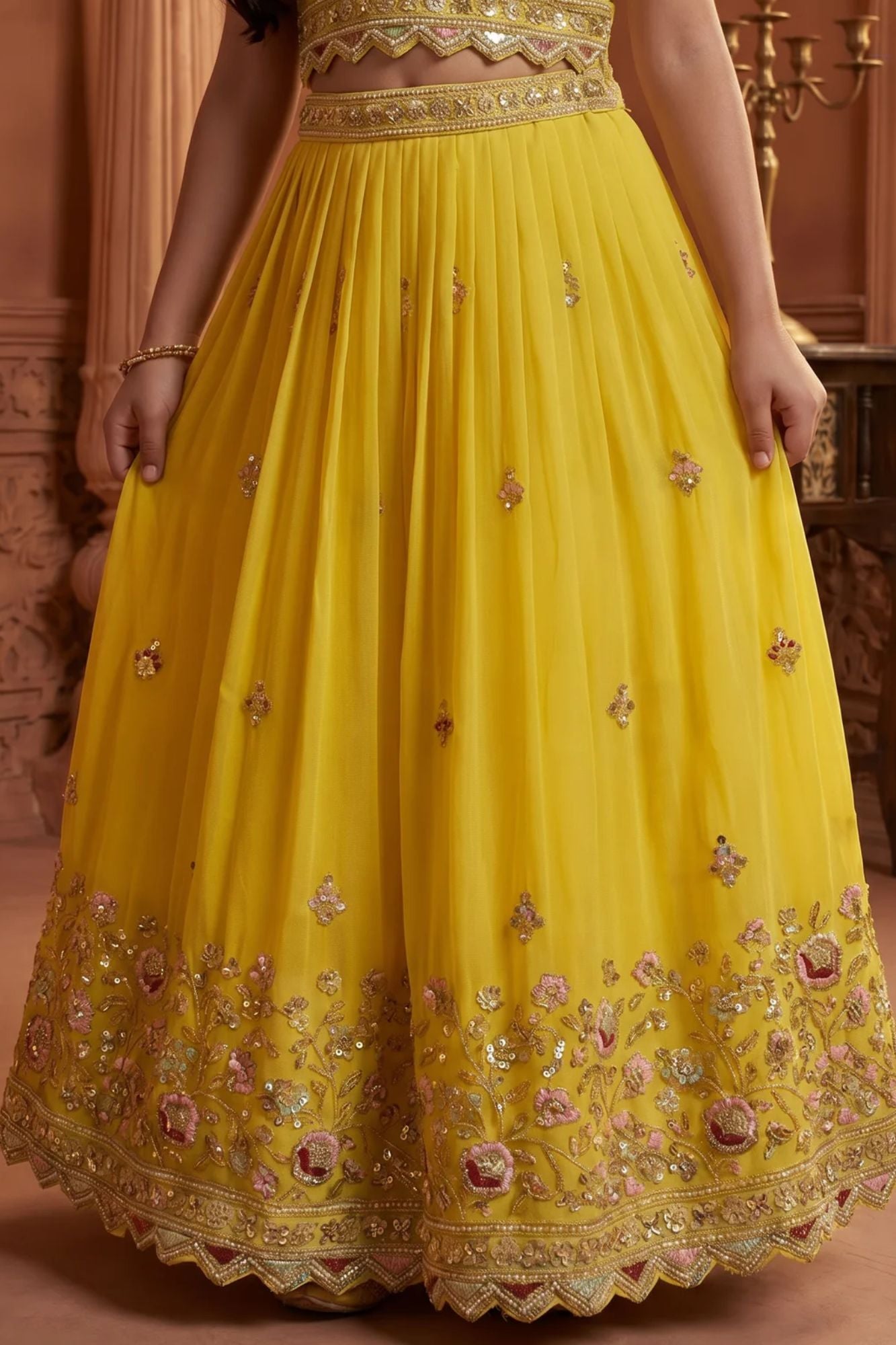 Girls Lime Yellow Embroidered Lehenga Choli Set