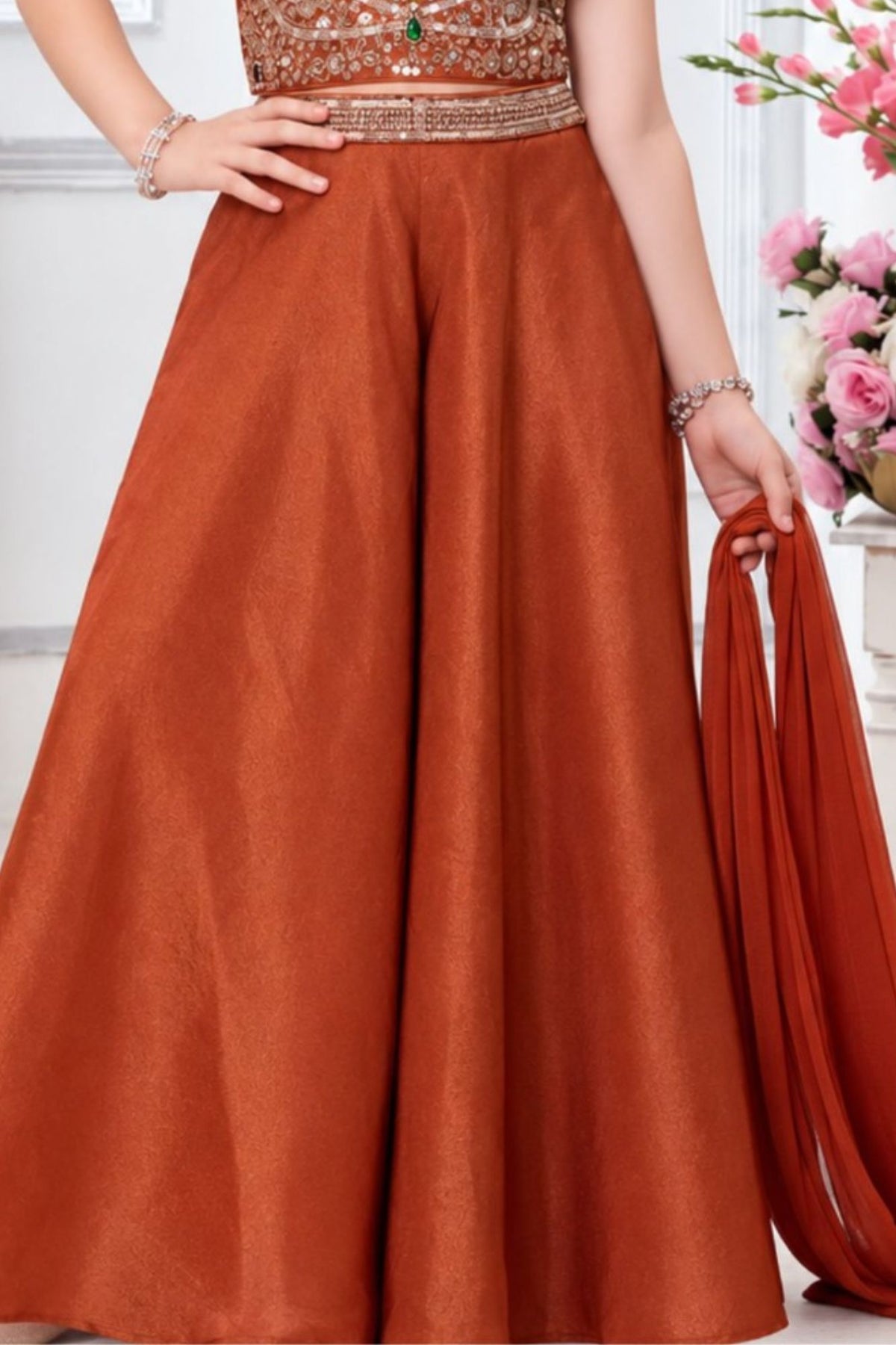 Girls Elegant Rust Orange Sequin And Stone Embellished Palazzo Set