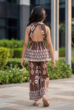 Brown And White Printed Sleeveless Co-Ord Set with Wide-Leg Pants for Girls