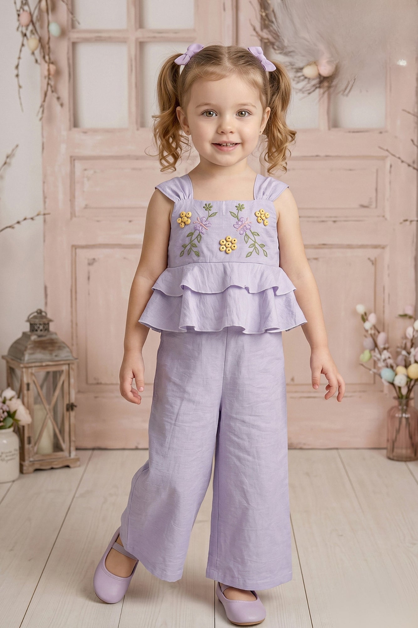 Girls Lavender Embroidered Peplum Top with Palazzo Pants Co Ord Set