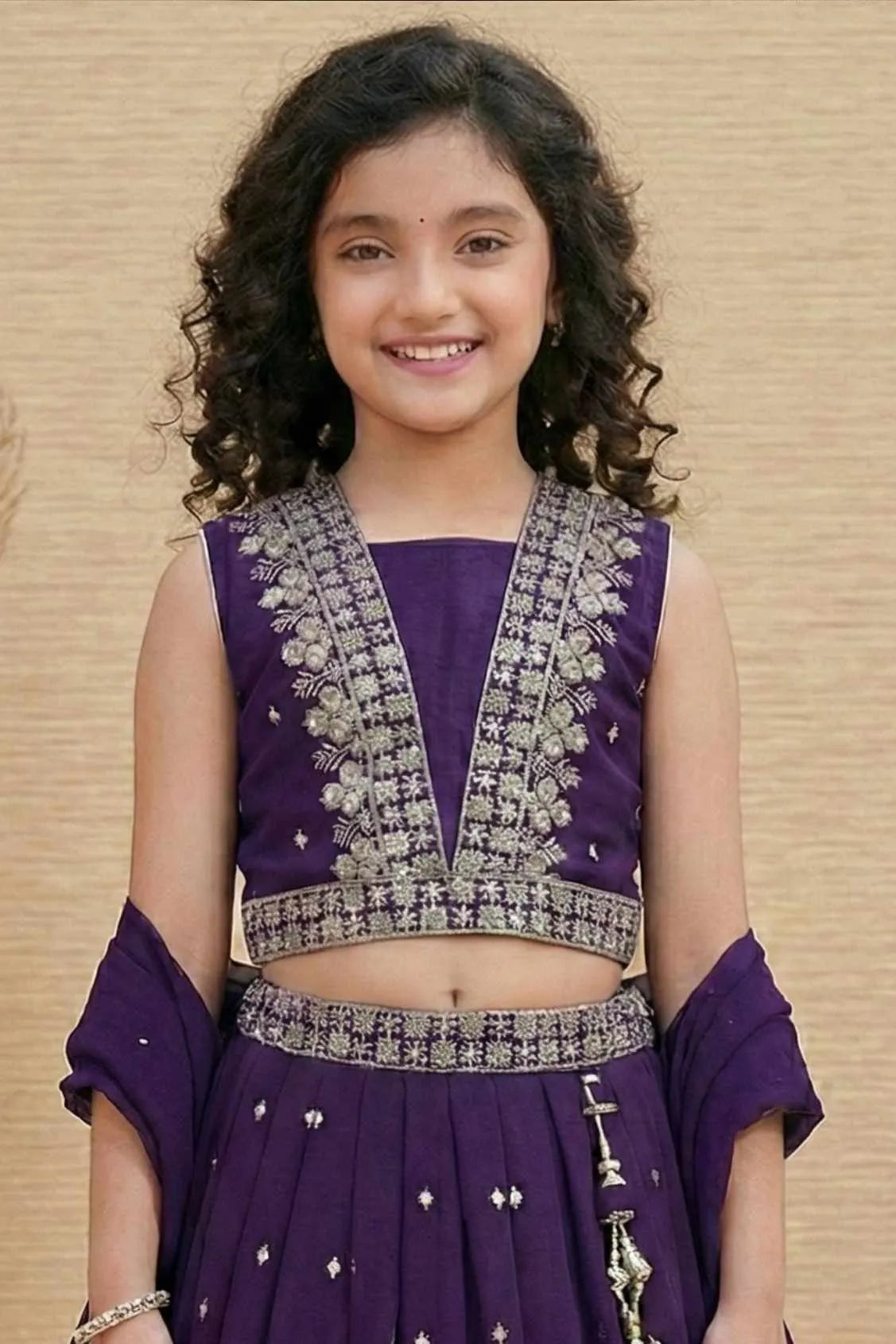 Royal Purple Embroidered Lehenga Choli Set with Dupatta For Girls