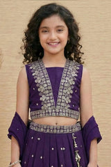 Royal Purple Embroidered Lehenga Choli Set with Dupatta For Girls