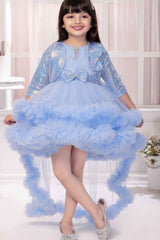 Blue Bow Embellished Tailback Frock With Sequin Overcoat For Girls