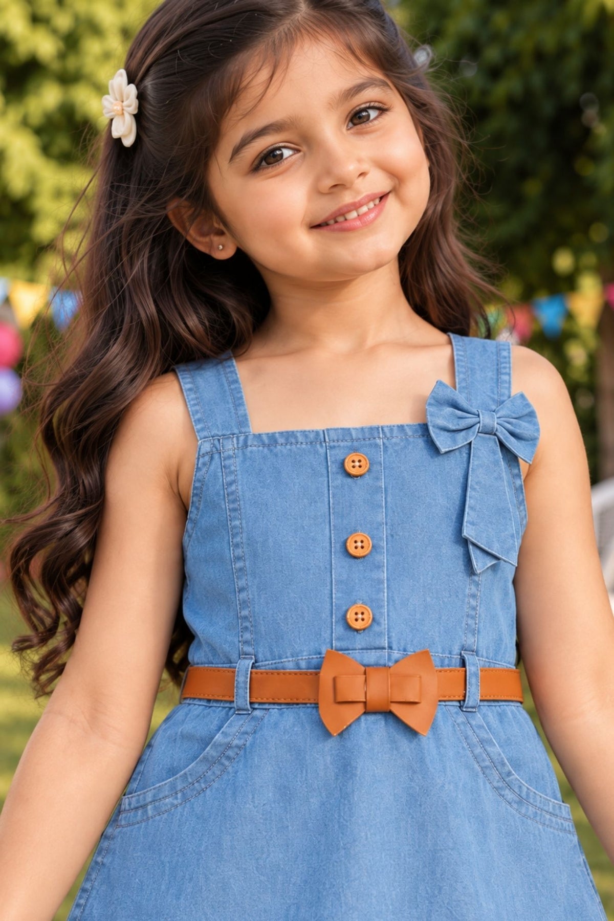 Girls Blue Sleeveless Bow Detail Denim Dress