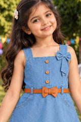 Girls Blue Sleeveless Bow Detail Denim Dress