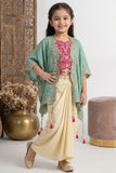Rani Pink Embroidered Top With Cream Dhoti Skirt And Cape Set For Girls