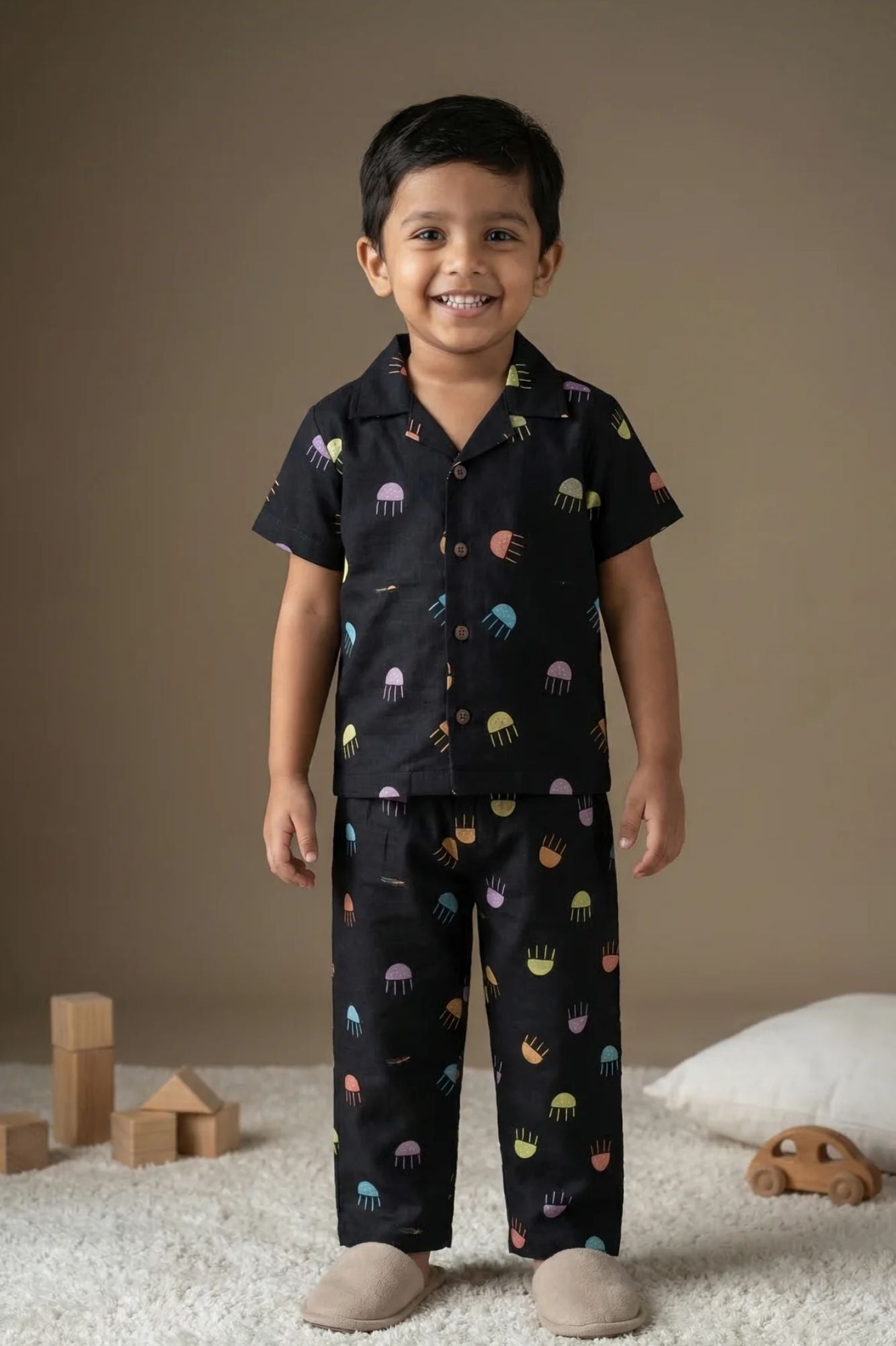 Black Jellyfish Print Night Suit Set For Boys