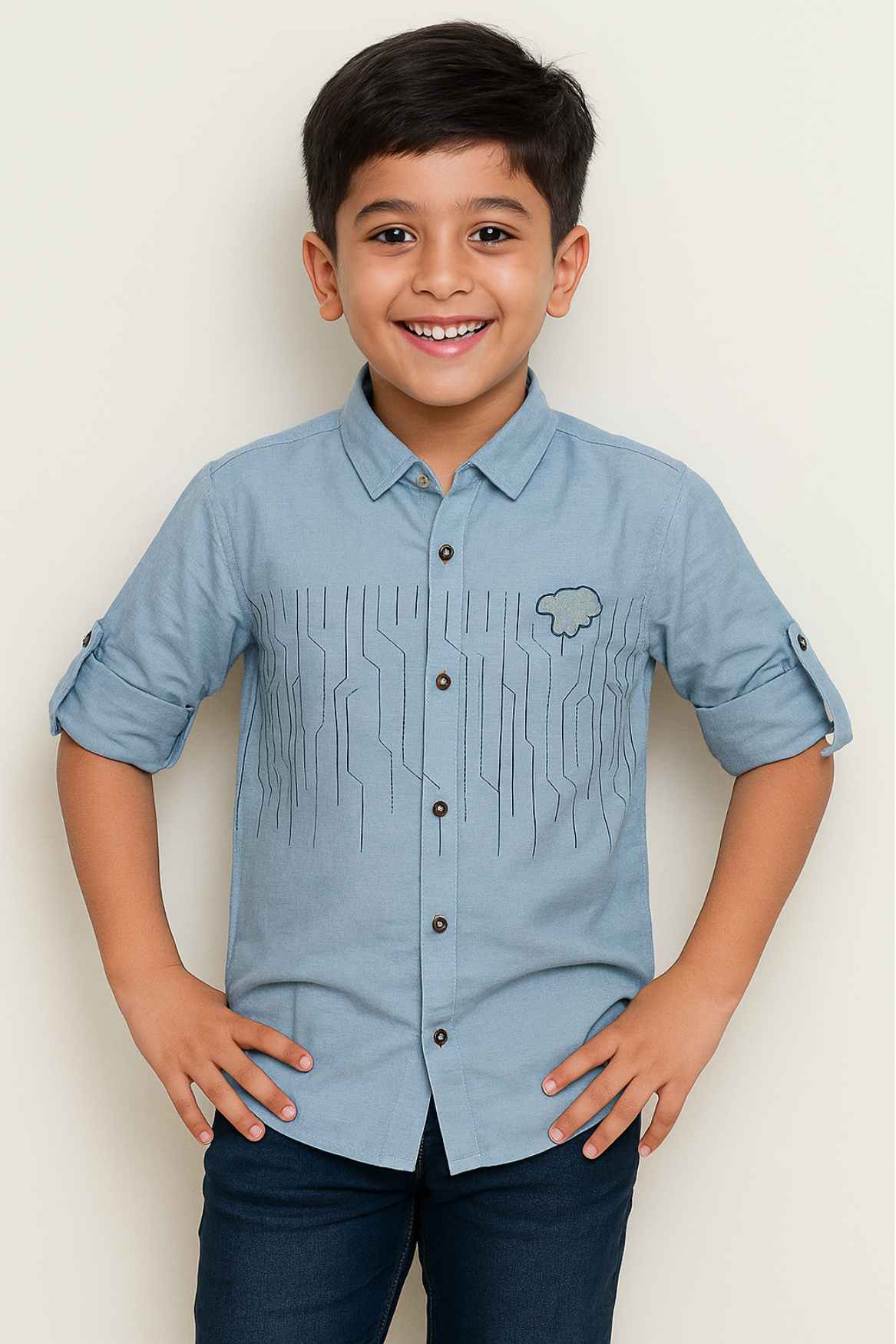 Light Blue Shirt With Tech Line Embroidery And Cloud Patch For Boys