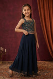 Girls Navy blue  Printed Peplum Top with Flared Palazzo Set