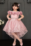 Girls Pink 3D Floral Cutwork High-Low Party Wear Frock