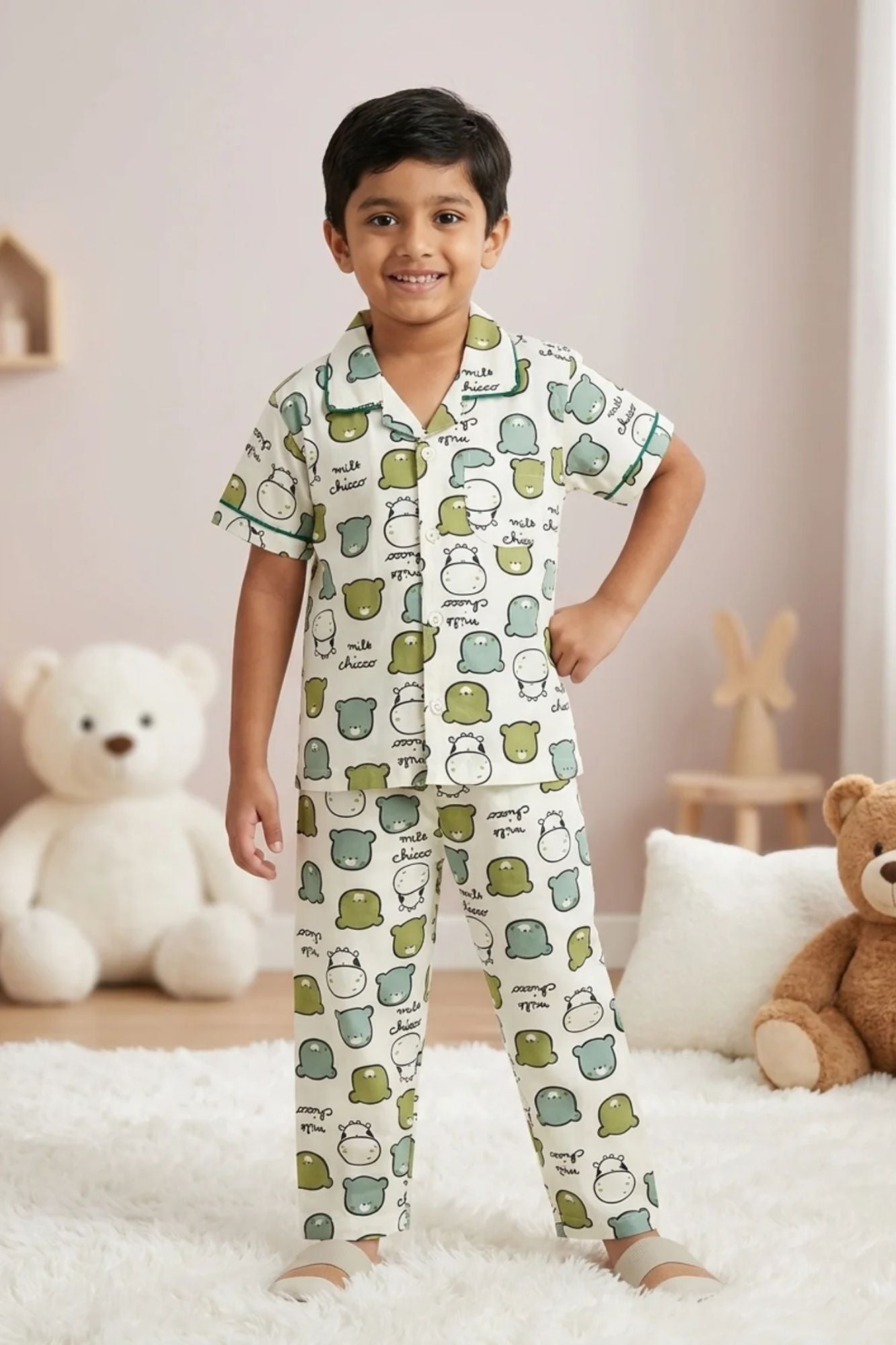 Boys White Cartoon Bear Print Night Suit Set