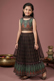 Black and Green Printed Crop Top with Pleated Lehenga and Dupatta For Girls