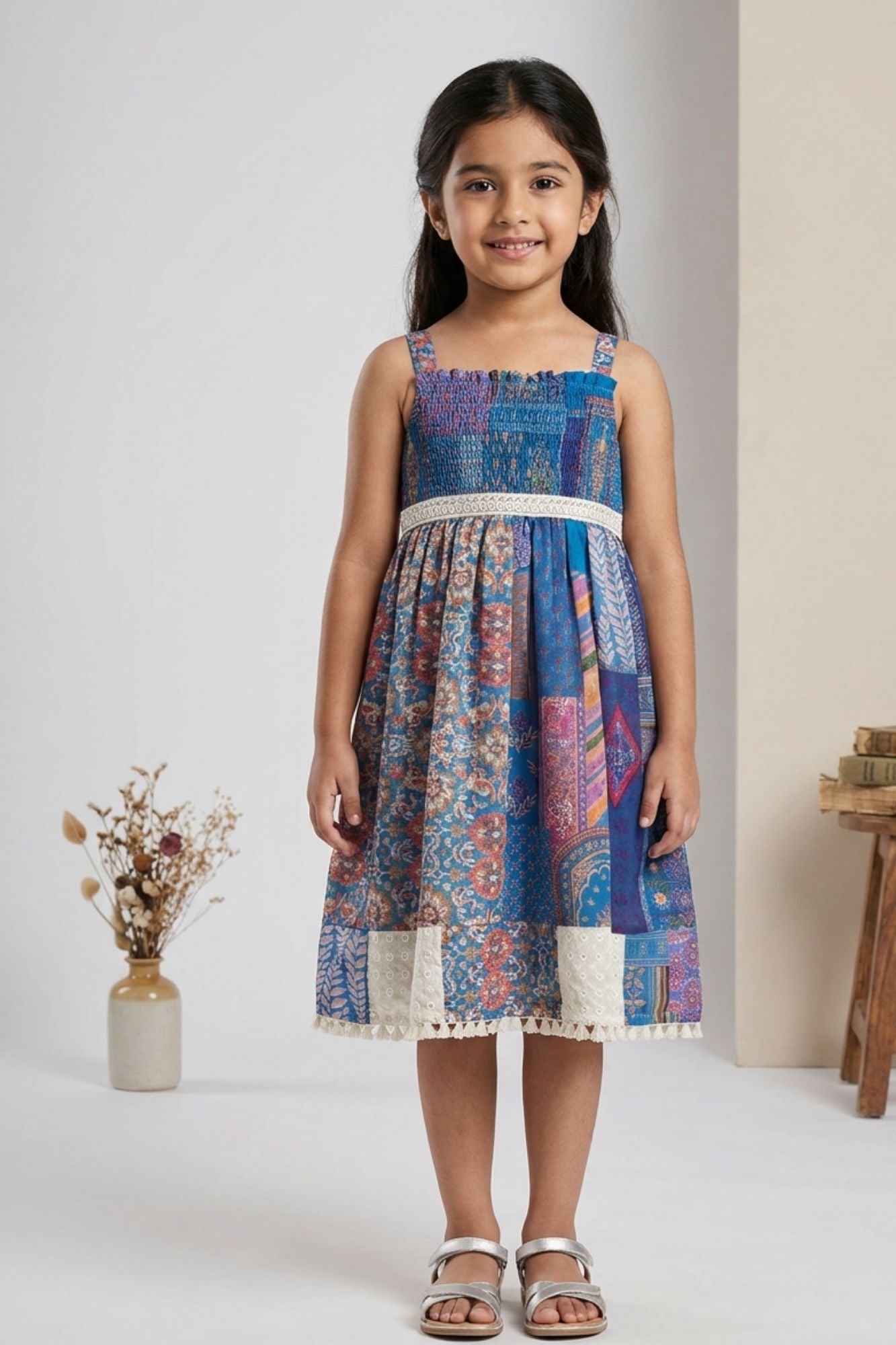 Girls Blue Patchwork Print Frock with Smocked Bodice