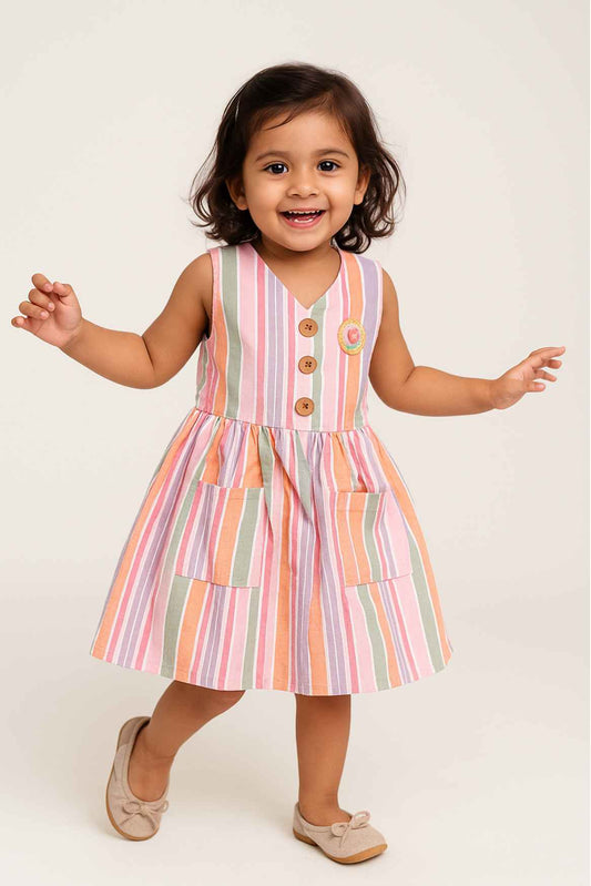 Multicolor Striped Cotton Frock with Wooden Buttons & Patch Detail For Girls