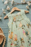 Girls Mint Green Floral Printed Dress with Smocked Yoke