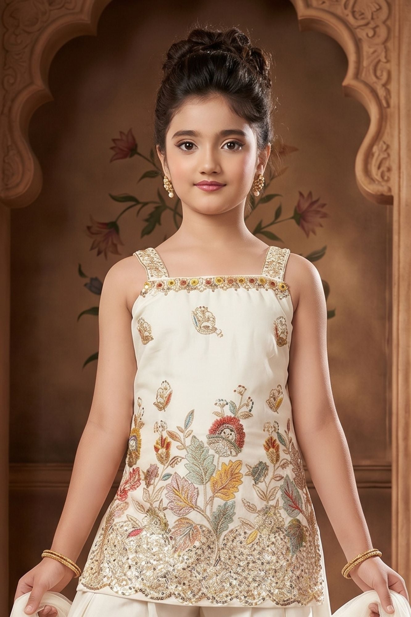 White Floral Sequin Work Palazzo Set with Dupatta For Girls