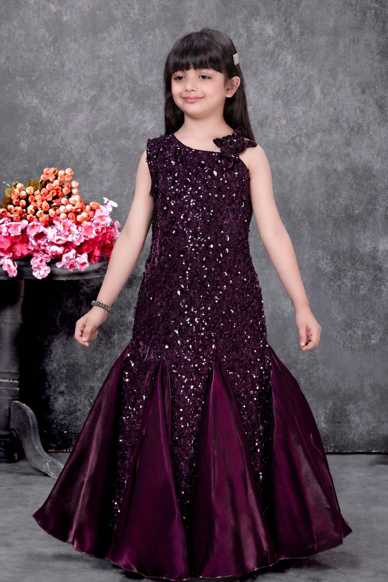 Wine Sequin Embellished Party Wear Gown for Girls