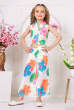 Trendy White Floral Printed Sleeveless Jacket And Pant Co Ord Set For Girls