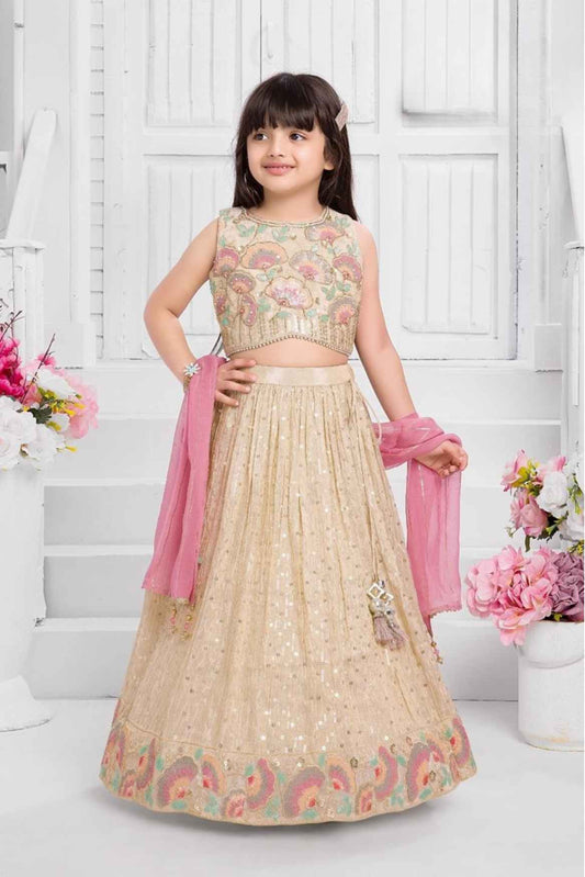 Beige and Pastel Pink Sequin Embroidered Lehenga Choli Set For Girls