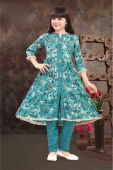 Blue Floral Printed And Sequins Work Kurta With Pant Set For Girls