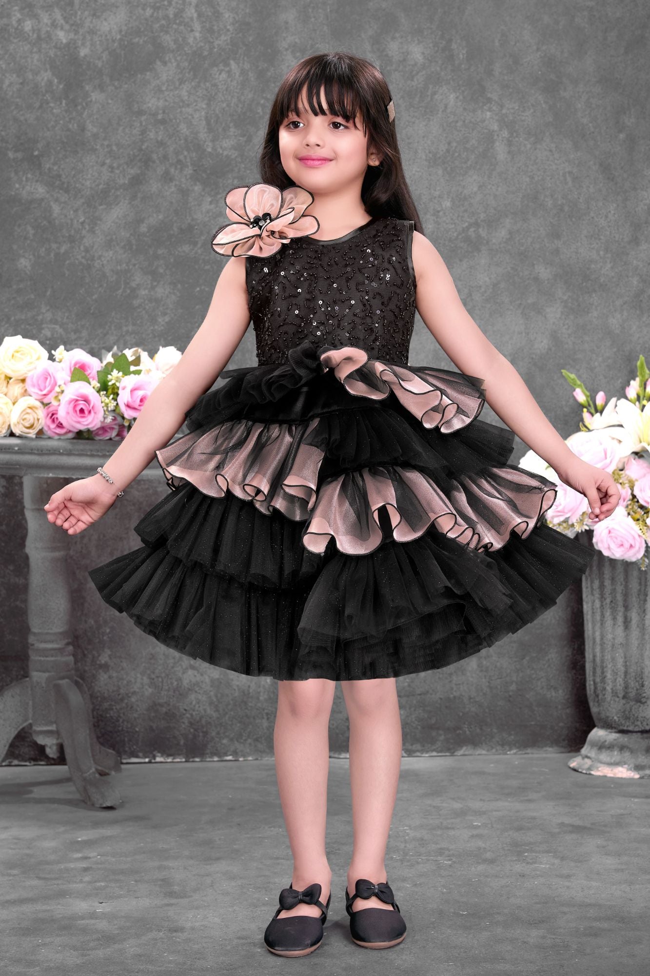 Girls Black Party Wear Frock with Sequin Bodice And Layered Ruffles