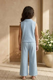 Girls Sky Blue Sleeveless Embroidered Co-Ord Set with Wide Leg Pants
