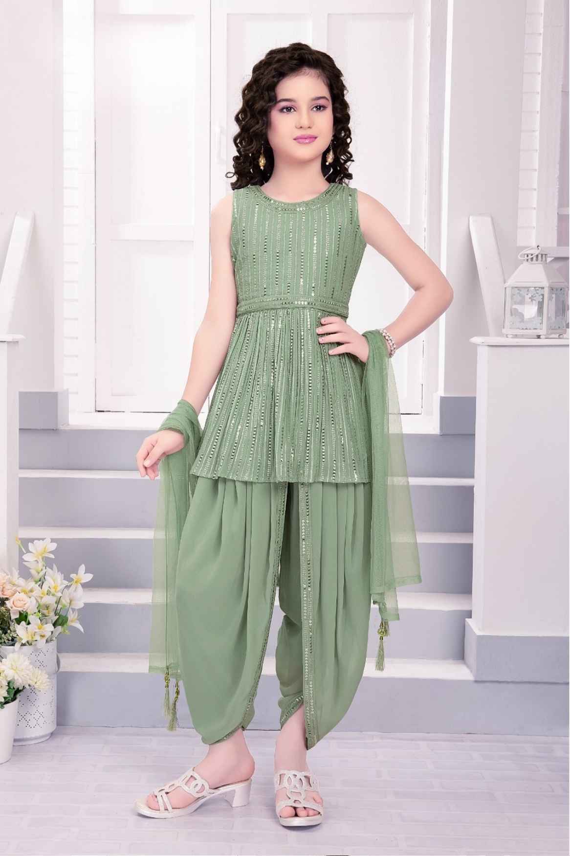 Pista Green Sequined And Mirror Work Dhoti Set For Girls