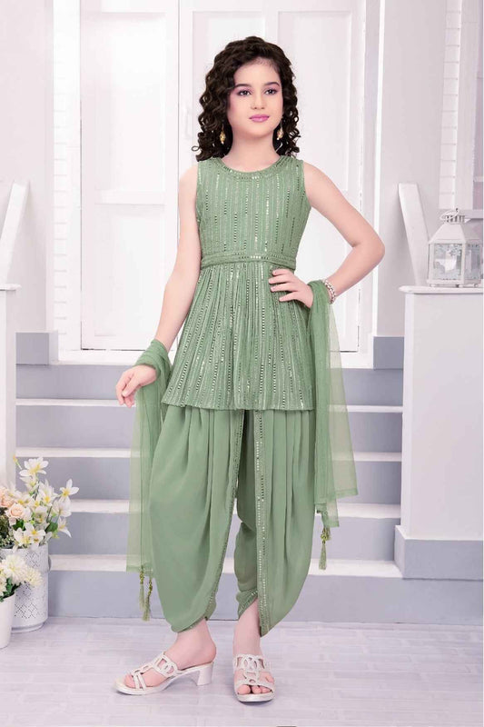 Pista Green Sequined And Mirror Work Dhoti Set For Girls