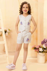 White Floral Embroidered Top And Shorts Set For Girls