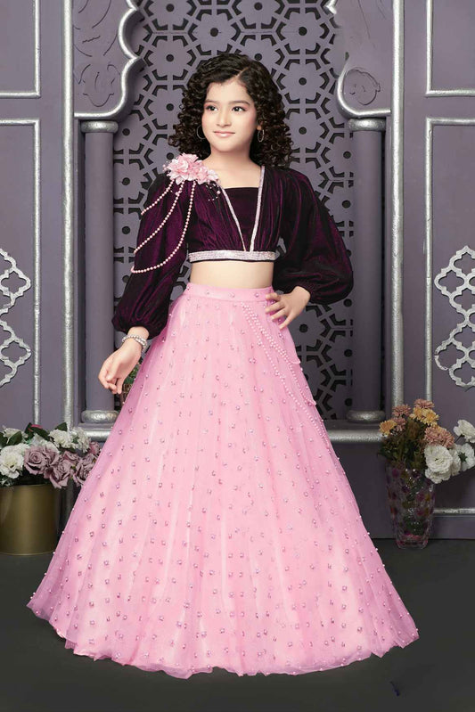 Wine And Pink Embellished With Floral And Pearl Lehenga Choli Set For Girls