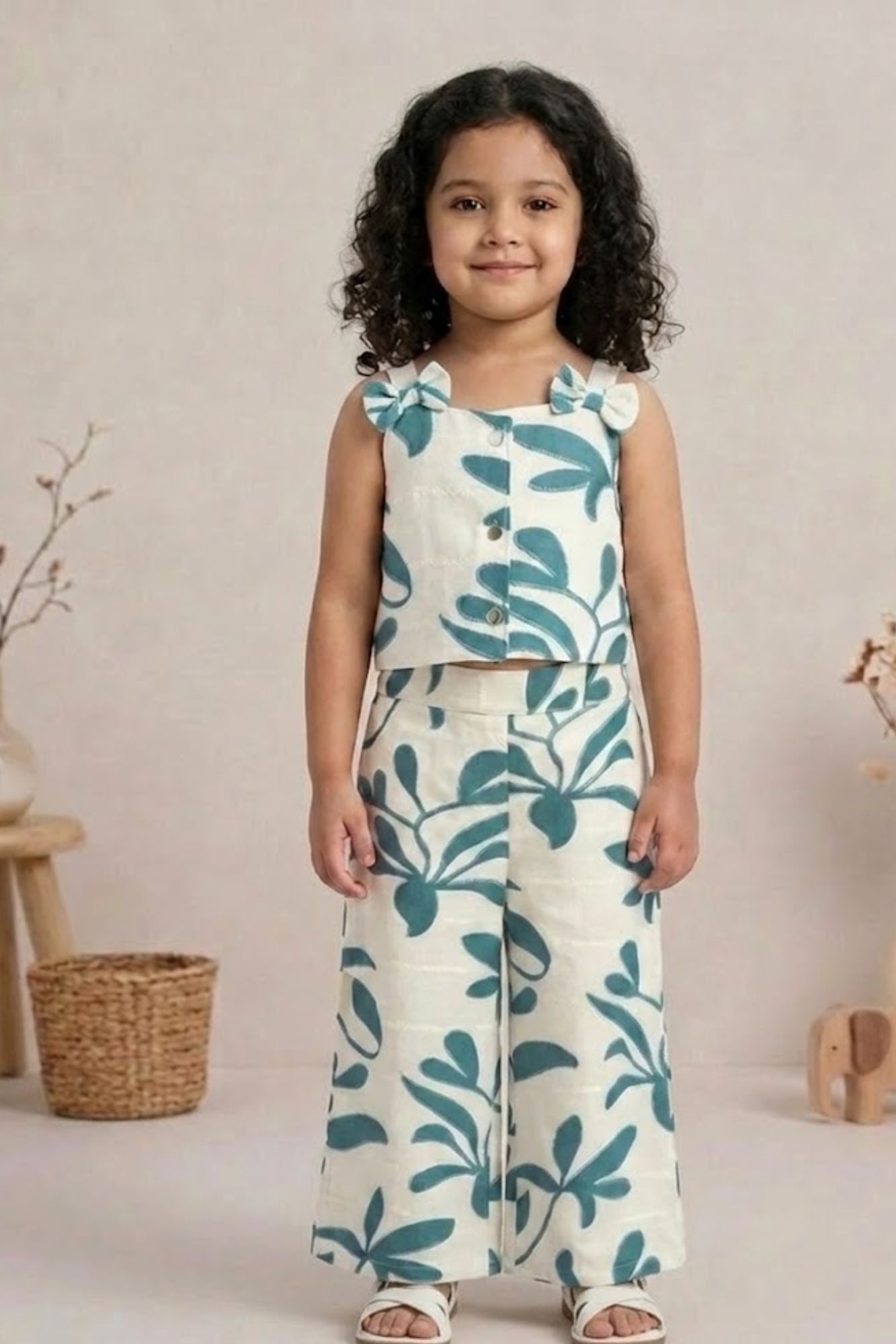Girls White And Blue Floral Printed Co-Ord Set with Sleeveless Bow Strap Top And Flared Pants