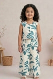 Girls White And Blue Floral Printed Co-Ord Set with Sleeveless Bow Strap Top And Flared Pants
