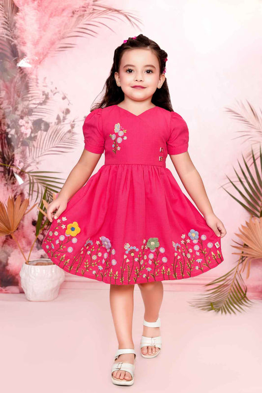 Pink Cotton Frock With Elegant Floral Embroidery For Girls