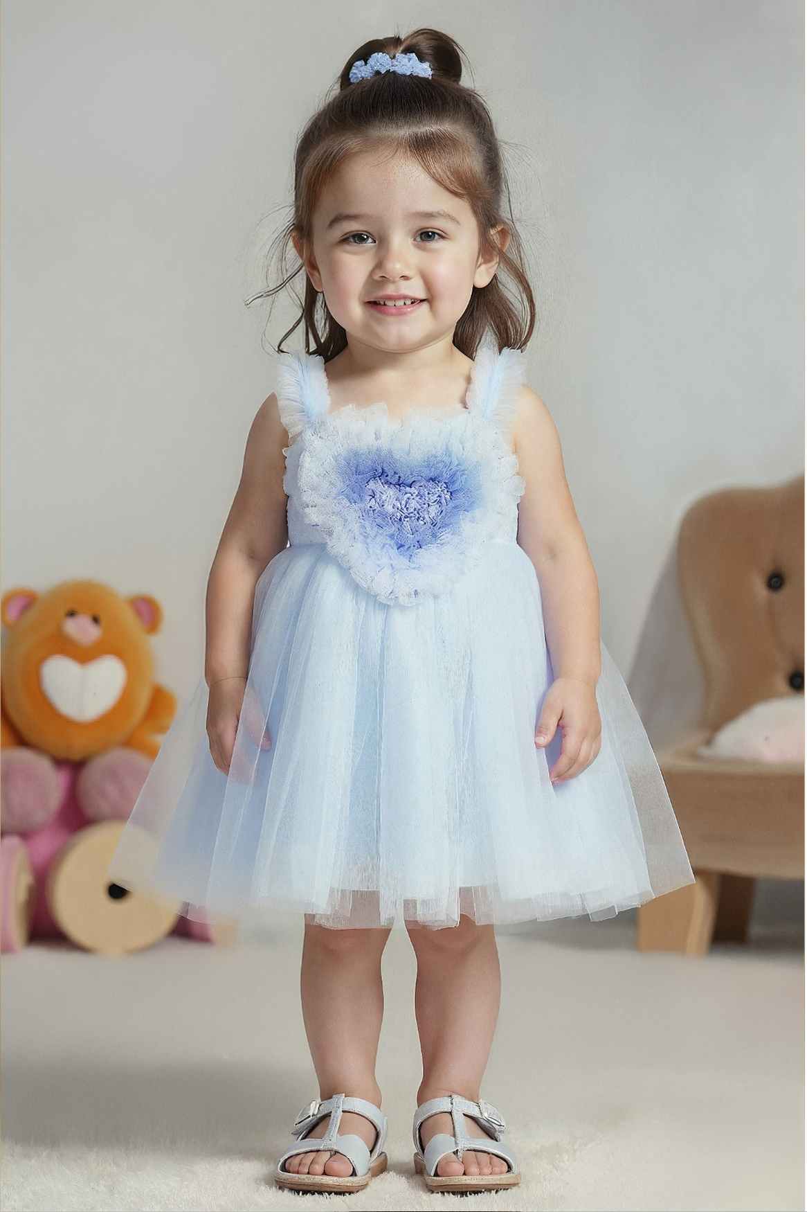 Stylish Blue Frock With Ruffled Heart Embellished For Girls