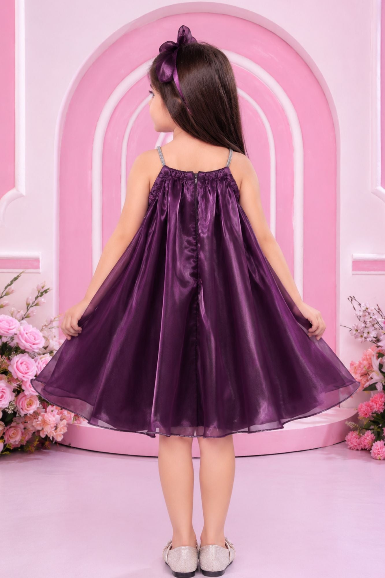 Purple 3D Floral Party Wear Frock for Girls