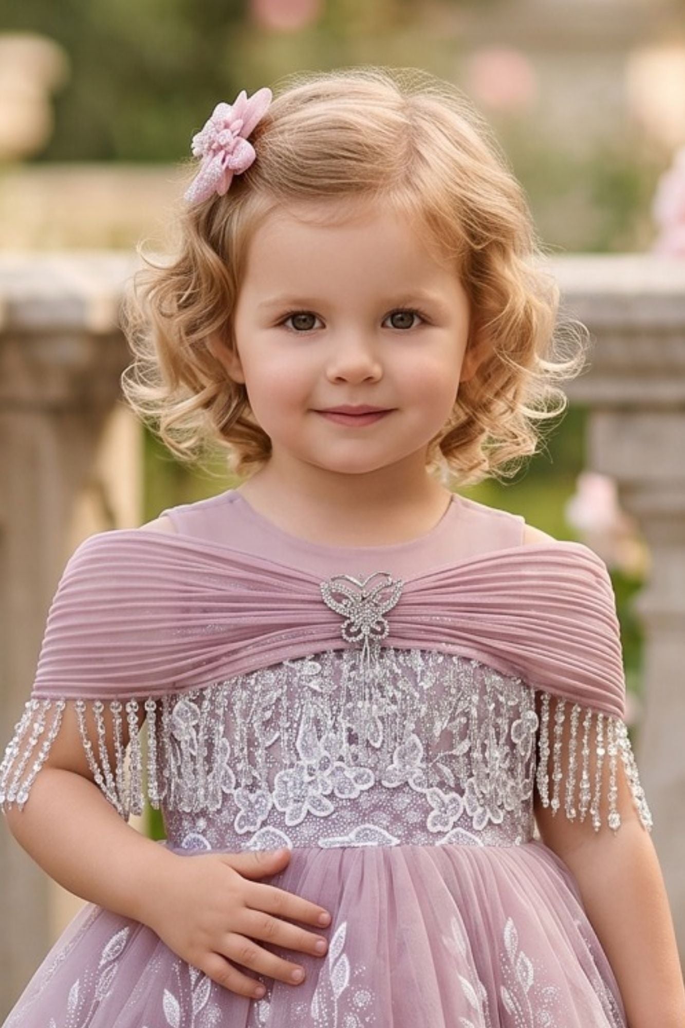Girls Onion Pink Off-Shoulder Embroidered Party Wear Frock