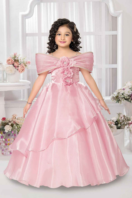 Onion Pink Party Wear Gown With Floral Embellishment For Girls