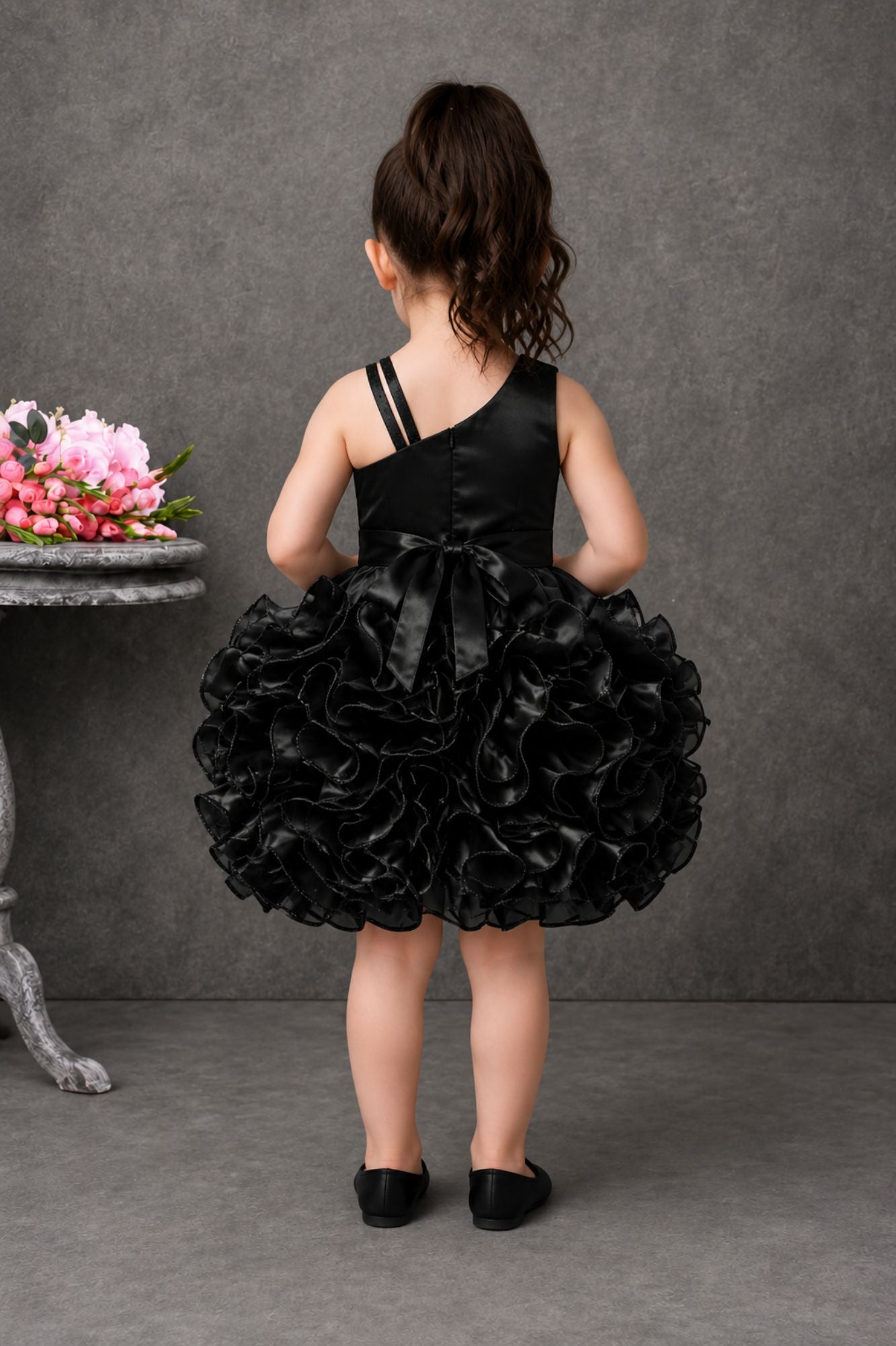 Black One-Shoulder Ruffle Party Wear Frock