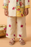 Girls Cream Floral Printed Co-Ord Set with Shirt And Wide-Leg Pants