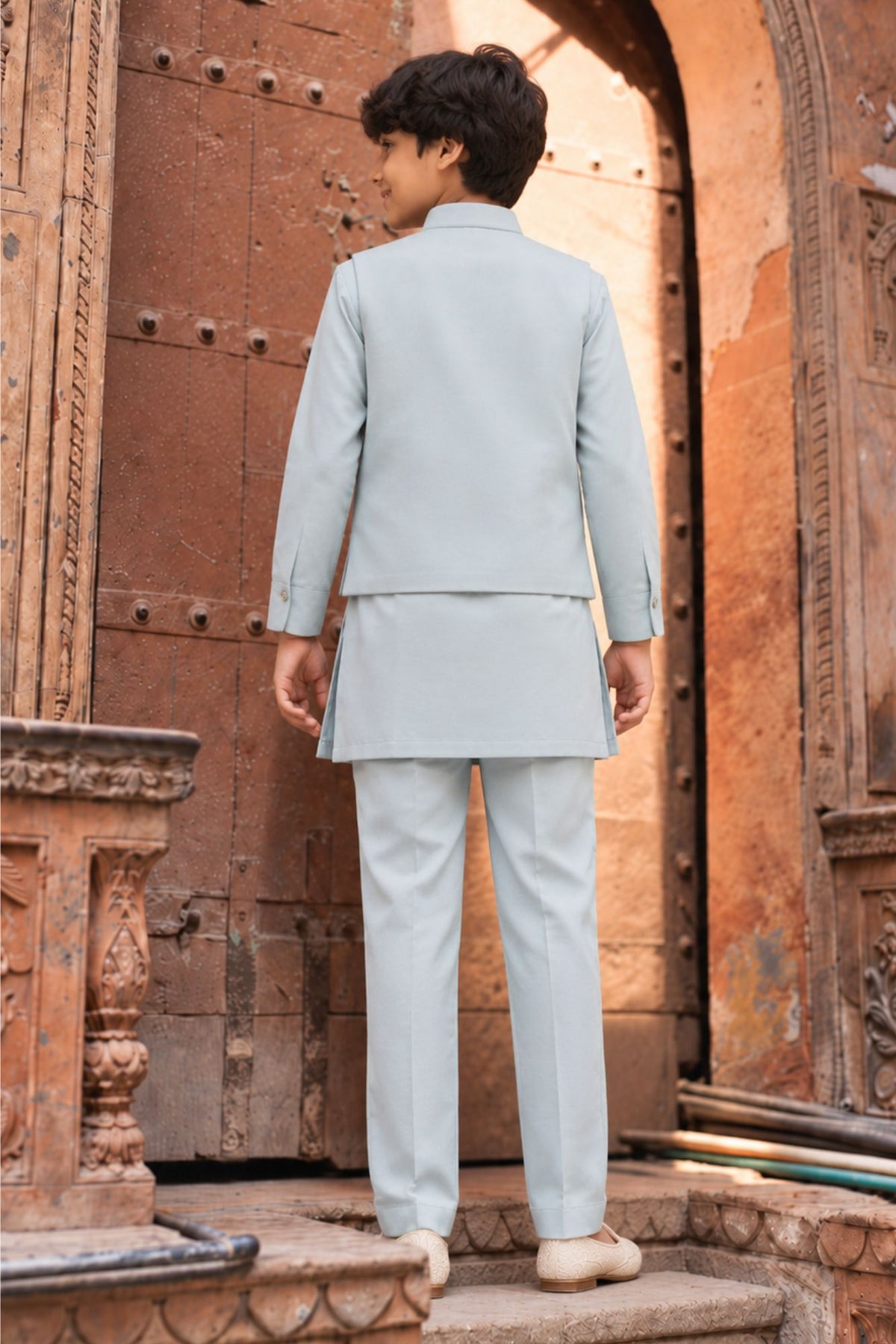Boys Ice Blue Bird Inspired Bead Embroidered Kurta Set With Nehru Jacket