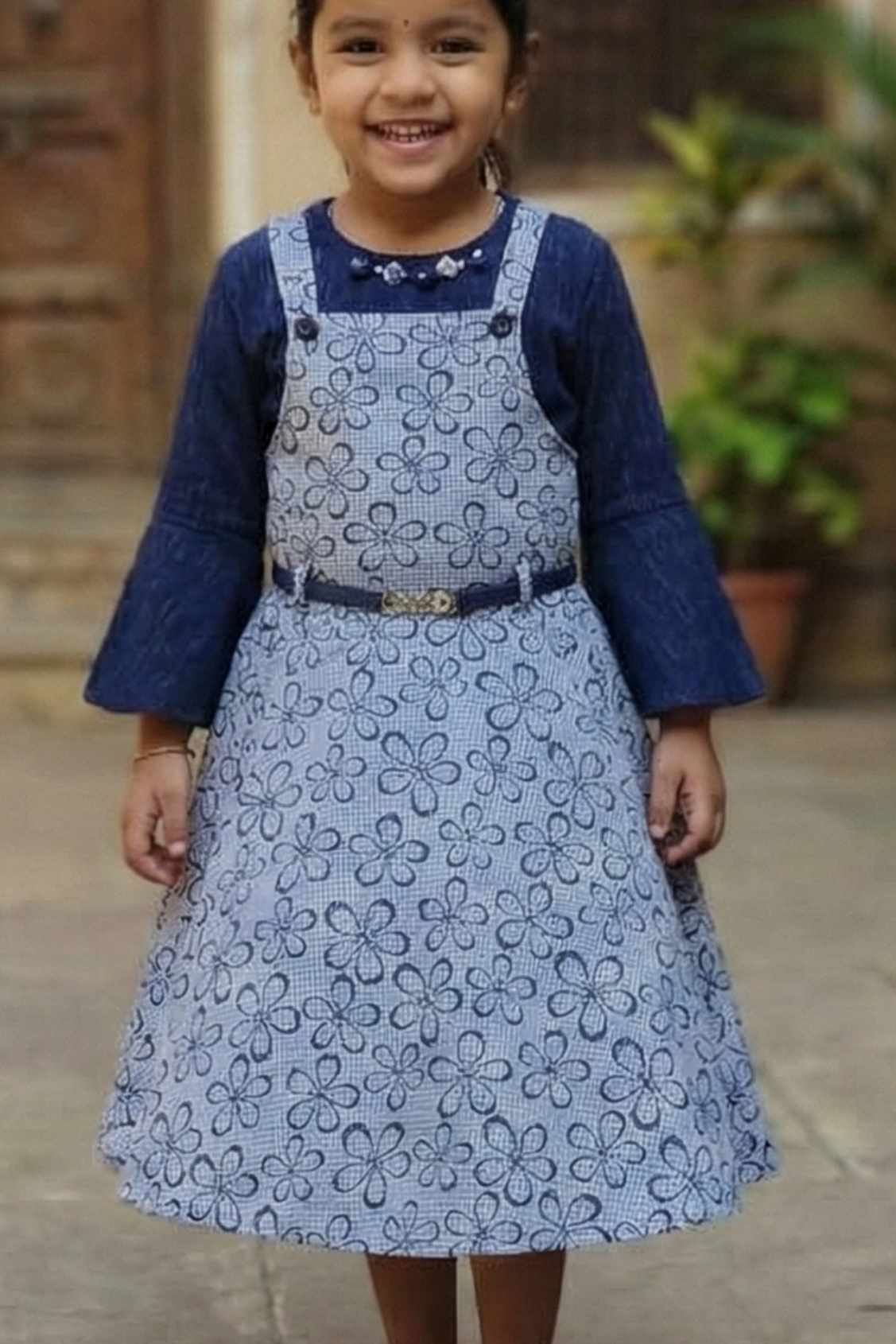 Blue Floral Print Dress With Top For Girls