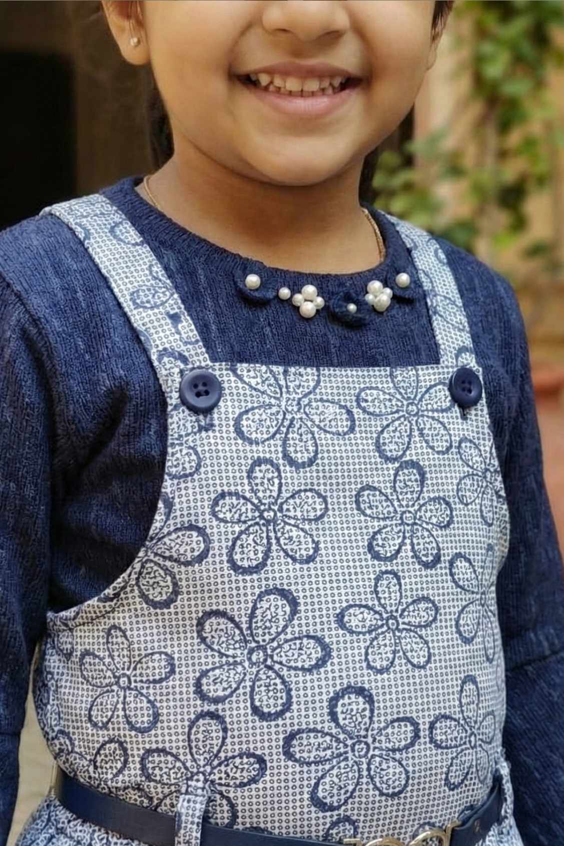 Blue Floral Print Dress With Top For Girls