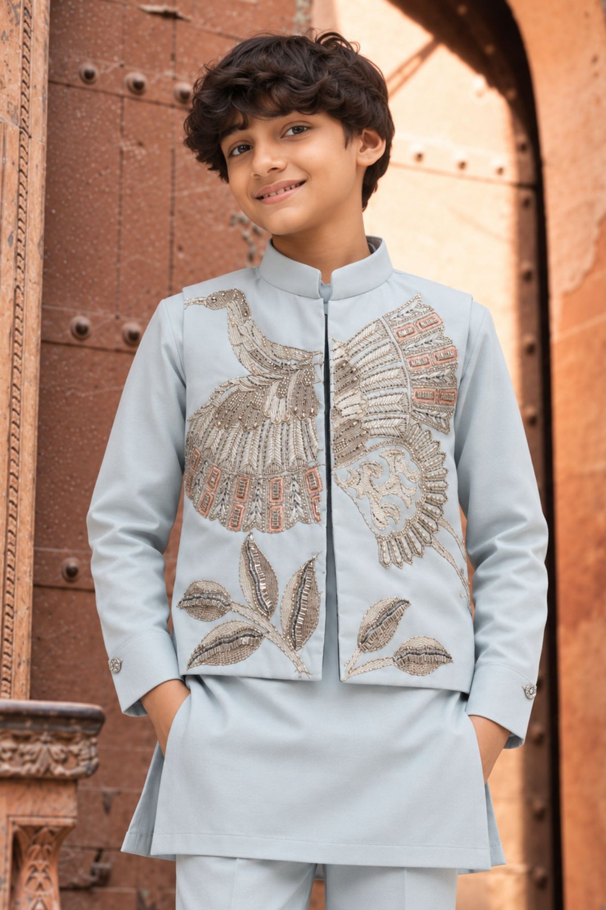 Boys Ice Blue Bird Inspired Bead Embroidered Kurta Set With Nehru Jacket