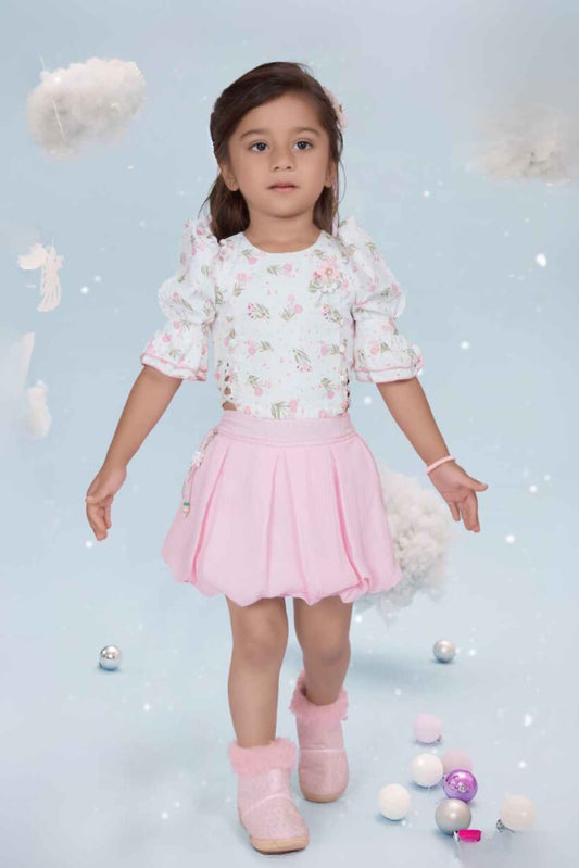 Stylish Floral Printed White Top With Pink Skirt Set For Girls