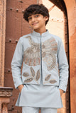 Boys Ice Blue Bird Inspired Bead Embroidered Kurta Set With Nehru Jacket