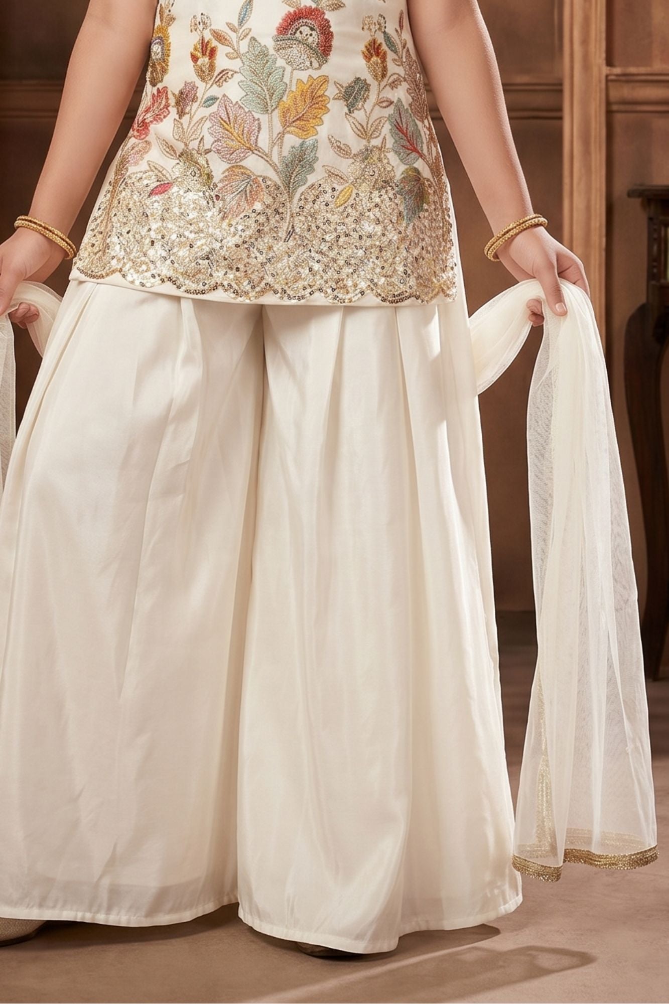 White Floral Sequin Work Palazzo Set with Dupatta For Girls